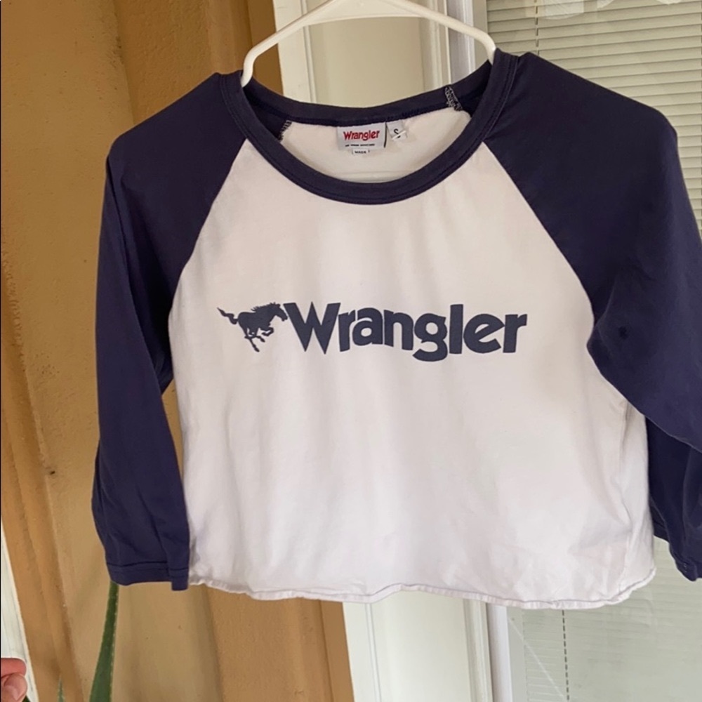 Wrangler baseball blue & white crop top, size S.